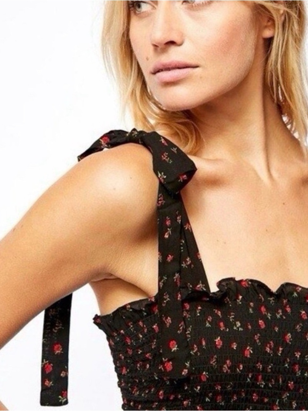 Free People Intimately Bella Smocked Black/Red Floral Mini Dress Size Medium